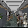 Modern Clothing Store Interior with Racks Display Shelves Cashier Counter Green Plants and Ceiling Decor