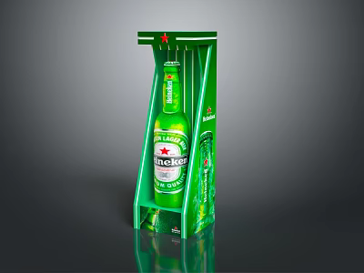 Budweiser Green Beer Bottle Placed in Transparent Display Rack with Brand Logo 3d model