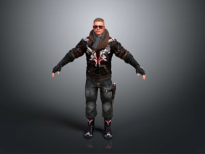 Man Wearing Black Leather Jacket With Red White Patterns Sunglasses Dark Cargo Pants Black Boots 3d model
