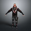 Man Wearing Black Leather Jacket With Red White Patterns Sunglasses Dark Cargo Pants Black Boots