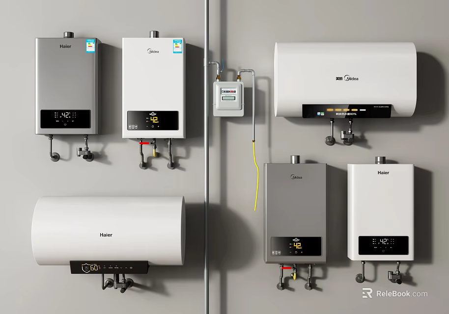 Various Wall Mounted Water Heaters With Different Designs And Control Panels 3d model 