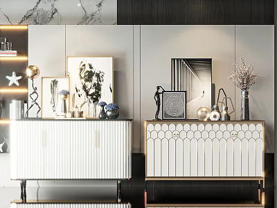 Elegant Modern Entryway Cabinet And Side Cabinet Design With Decorative Mirrors Artworks And Ornaments 3d model