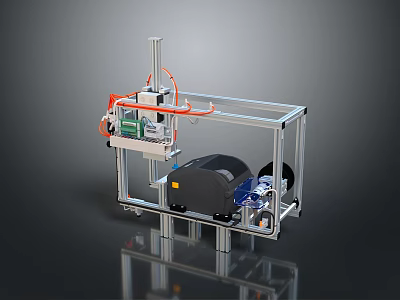 Industrial Mechanical Equipment With Metal Frame Orange Pipes And Blue Control Panel 3d model