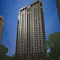 Modern High Rise Residential Building Illuminated At Night With Exterior Lights And Trees