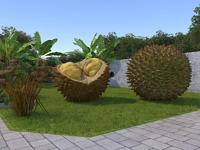 Rural Landscape with Split Durian Yellow Flesh Whole Durian Green Grass and Stone Wall 3d model