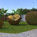 Rural Landscape with Split Durian Yellow Flesh Whole Durian Green Grass and Stone Wall