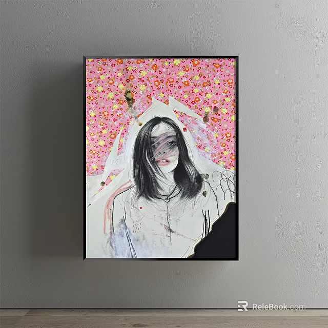 Portrait Painting Featuring Woman With Long Hair In Light-Colored Clothing And Pink Yellow Floral Background 3d model 