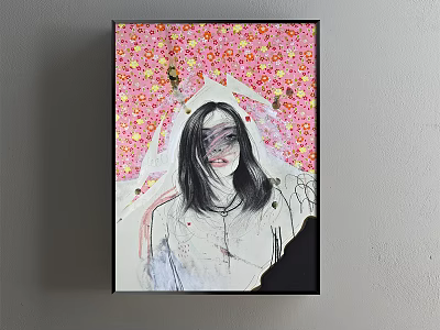 Portrait Painting Featuring Woman With Long Hair In Light-Colored Clothing And Pink Yellow Floral Background 3d model