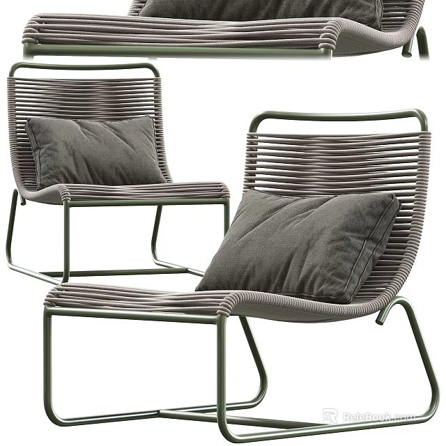 Stylish Woven Leisure Chairs with Green Metal Frame and Gray Comfortable Cushions for Outdoor Use 3d model 