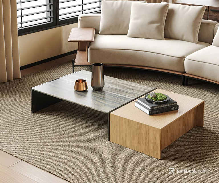 Modern Coffee Table with Marble Top Wooden Base and Green Plant Books Metal Vase 3d model 