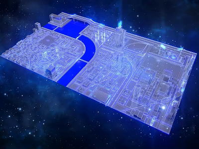Illuminated Urban Building Complex 3D Layout With Waterway And Starry Background 3d model