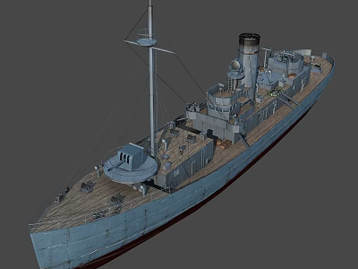 Vintage Warship 3D Model Featuring Wooden Deck Smokestack Mast And Turret Details 3d model