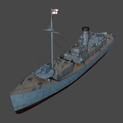 Vintage Warship 3D Model Featuring Wooden Deck Smokestack Mast And Turret Details 3d model