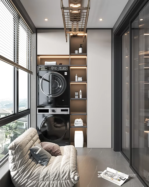 Modern Home Balcony Interior With Washer Dryer Stack Shelving Storage And Sofa 3d model 