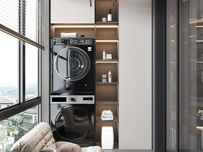 Modern Home Balcony Interior With Washer Dryer Stack Shelving Storage And Sofa 3d model