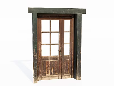 Vintage Old Wooden Double Door With Glass Panes And Weathered Frame 3d model