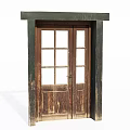 Vintage Old Wooden Double Door With Glass Panes And Weathered Frame