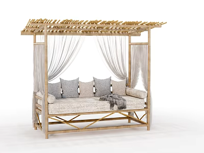 Outdoor Sofa With Wooden Pergola Top White Curtains Cushions And Blanket 3d model