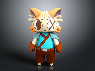 Cute Cartoon Cat Character With Orange Ears X Shaped Eye Blue Vest And Brown Pants 3d model