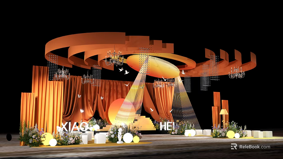 Orange Event Stage Design With Circular Structure Chandeliers Curtains And Lighting 3d model 