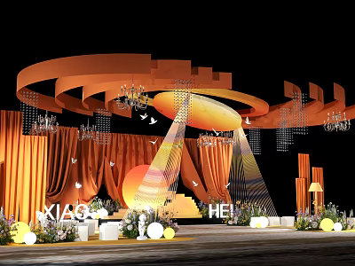 Orange Event Stage Design With Circular Structure Chandeliers Curtains And Lighting 3d model