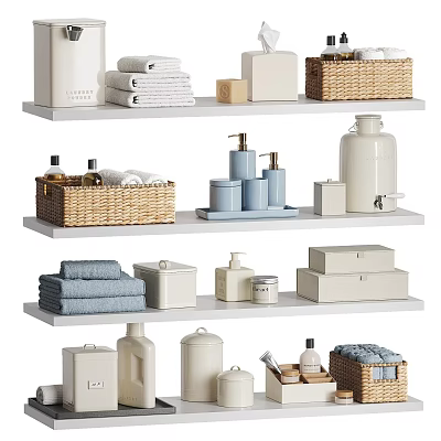 Organized Bathroom Shelves With Towels Bottles Baskets And Storage Boxes 3d model