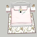 Children's Bed with White Frame Pink Bedspread and Bedside Tables Lamps on Floral Rug