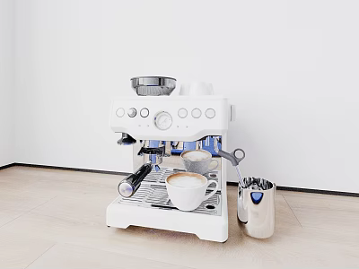 White Espresso Coffee Machine With Coffee Cups And Milk Frother In Modern Kitchen Setting 3d model