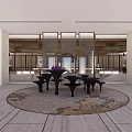 Hotel Lobby Interior With Reception Desk Staircase Seating And Ceiling Design 3d model