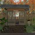 Japanese Garden Landscape With Wooden Gate Bamboo Fence Stone Steps Large Rock And Autumn Trees