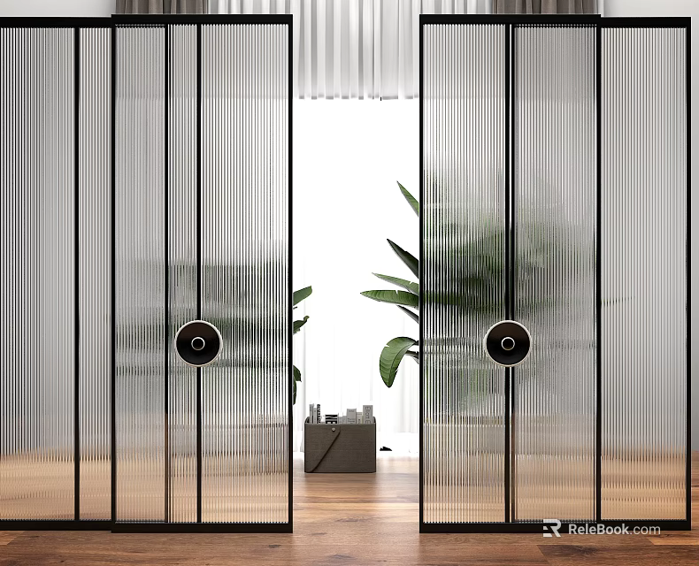 Modern Room Divider With Black Frame Vertical Striped Glass And Round Handle 3d model 