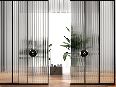 Modern Room Divider With Black Frame Vertical Striped Glass And Round Handle 3d model