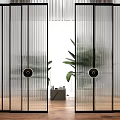 Modern Room Divider With Black Frame Vertical Striped Glass And Round Handle