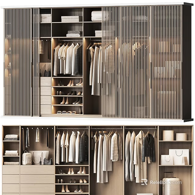 Modern Walk in Closet Design With Hanging Clothes Shelves And Shoe Storage 3d model 