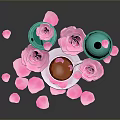 Stylish Cups With Turquoise Pink Lids And White Teacup Surrounded By Rose Petals
