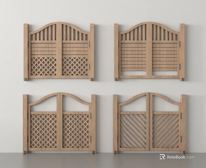 Wooden Double Gates Featuring Four Different Designs Arched Tops And Lattice Patterns 3d model