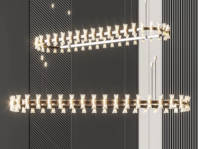 Modern Linear Chandeliers With Metallic Elements And Multiple Lights Against Dark Striped Walls 3d model