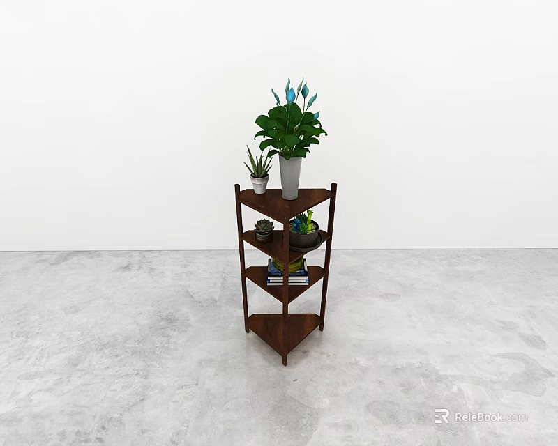 Wooden Corner Shelf with Multiple Tiers Holding Green Plants Small Decorations and Books 3d model 