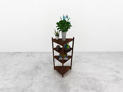 Wooden Corner Shelf with Multiple Tiers Holding Green Plants Small Decorations and Books 3d model