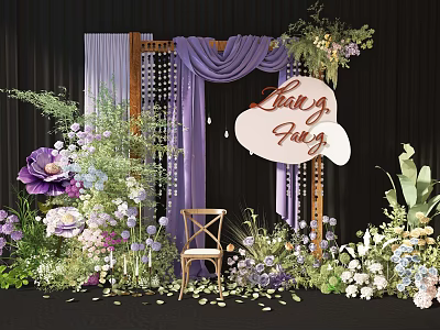 Romantic Floral Installation with Purple Drapery Wooden Arch Green Plants and Love Fairy Sign 3d model