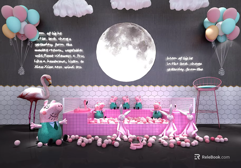 Play Equipment With Pink Ball Pit Peppa Pig Dolls Balloons Moon Background And Flamingo Decoration 3d model 