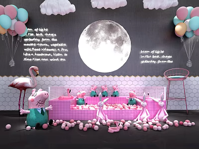 Play Equipment With Pink Ball Pit Peppa Pig Dolls Balloons Moon Background And Flamingo Decoration 3d model