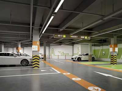 Modern Parking Garage With Direction Signs Column Markings Parking Lines And Vehicles 3d model