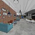 Modern Café Interior With Exposed Brick Wall Hanging Pendant Lights Cozy Sofa And Bar Counter