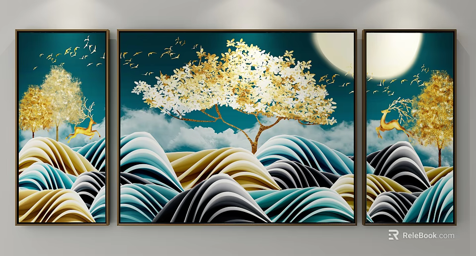 Landscape Painting With Golden Tree Blue Background Moon Flying Birds Deer And Wavy Hills 3d model 