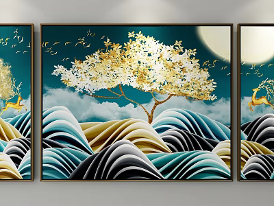 Landscape Painting With Golden Tree Blue Background Moon Flying Birds Deer And Wavy Hills 3d model