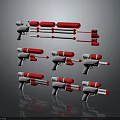 Red and White Toy Gun Models Arranged in Multiple Rows on Reflective Surface