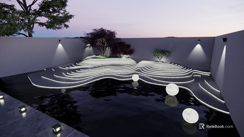 Garden Landscape Design With Wavy Illuminated Pathways Water Circular Lights And Trees 3d model 