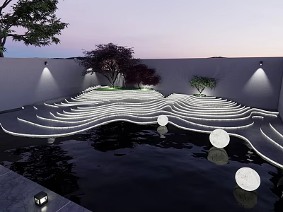 Garden Landscape Design With Wavy Illuminated Pathways Water Circular Lights And Trees 3d model