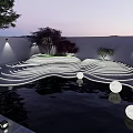 Garden Landscape Design With Wavy Illuminated Pathways Water Circular Lights And Trees
